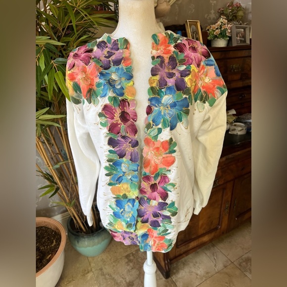 Sweatshirt turned cardigan, hand, painted long sleeve, large,  unique colorful - Picture 3 of 10